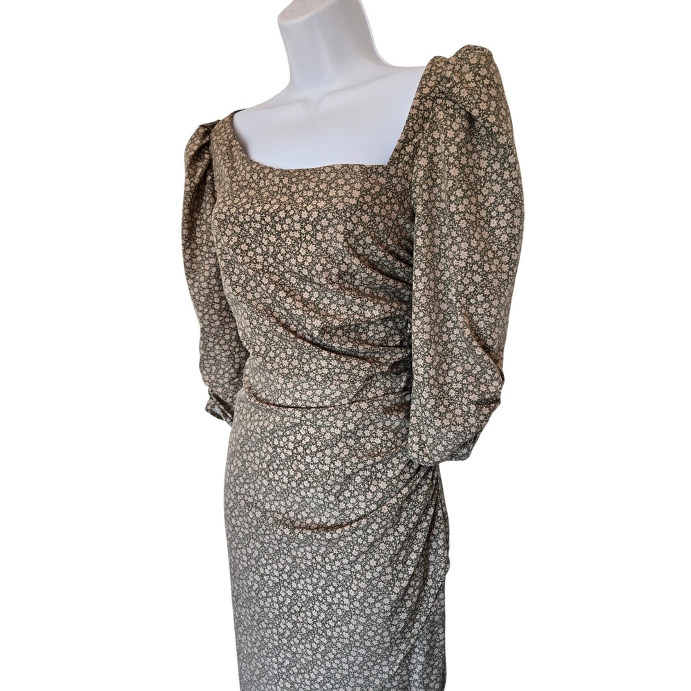 ASTR Green Floral Rushed Midi Dress Size M Cottagecore Romantic Puff Sleeve Chic - Picture 4 of 11